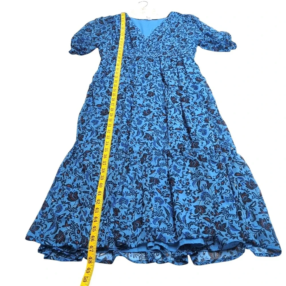 Old Navy Smocked Midi Dress Womens L Blue Floral Sheer Short Sleeve Boho Cottage